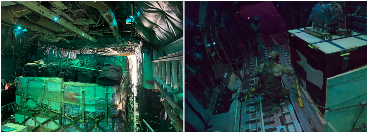 Een gezekerde pallet vol hulpgoederen in een militair transportvliegtuig.