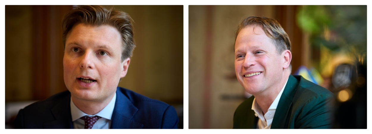 Minister Brekelmans (links) en staatssecretaris Tuinman pratend tijdens interview.