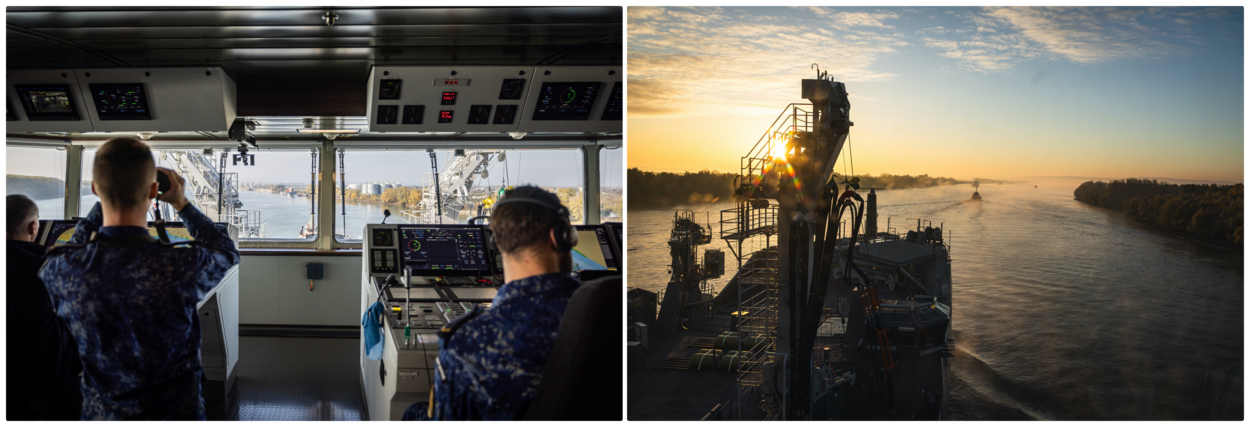 bemanning op de brug houdt omgeving in de gaten en zicht op de boeg van de Den Helder tijdens een oranje lucht.