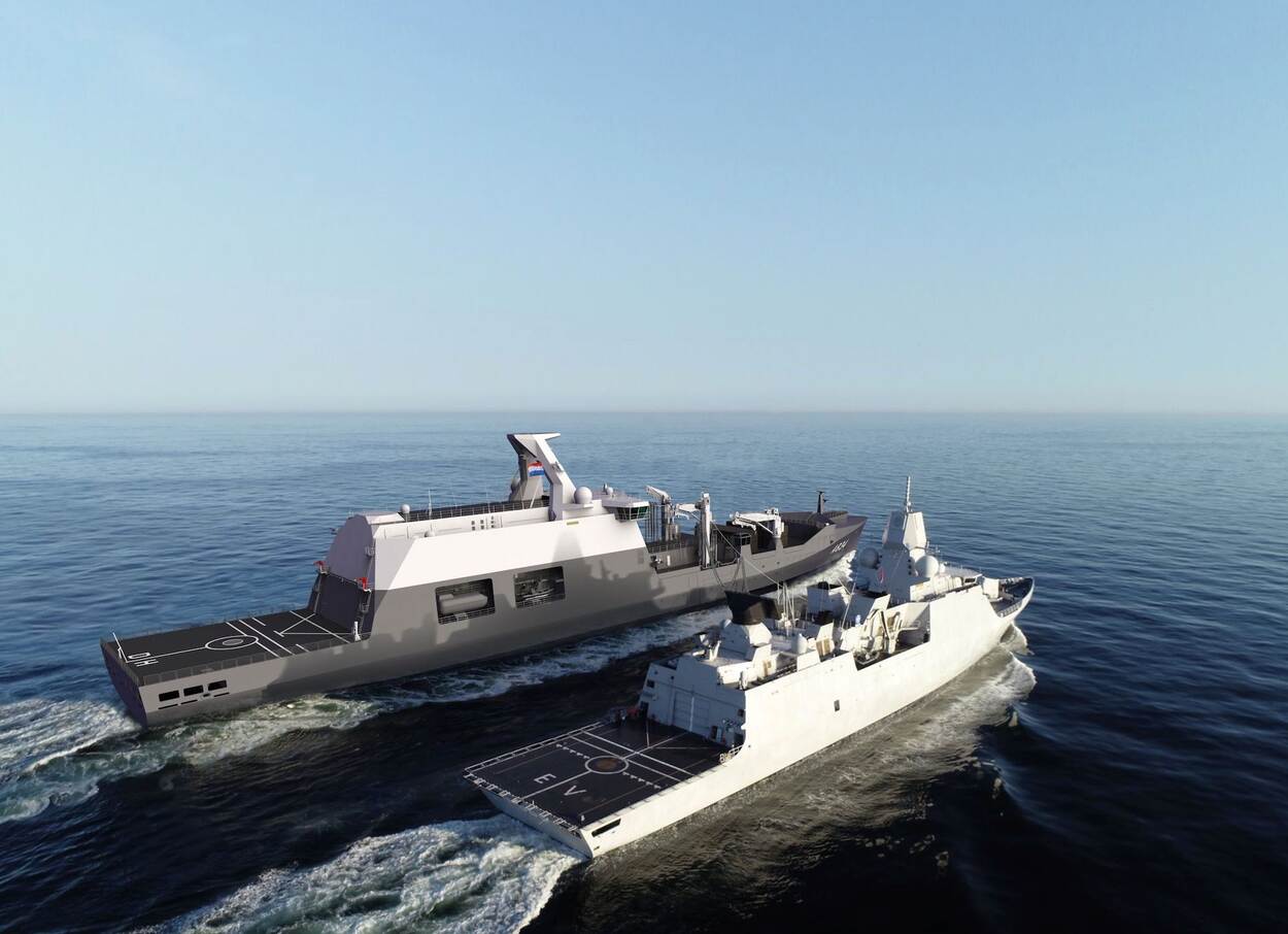 Alttekst: artist impression van het CSS tijdens bevoorrading van een fregat.