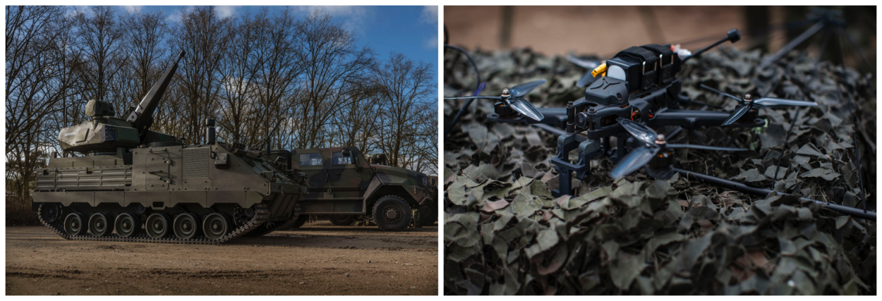 Links een foto van het nieuwe snelvuurkanon, rechts een drone.
