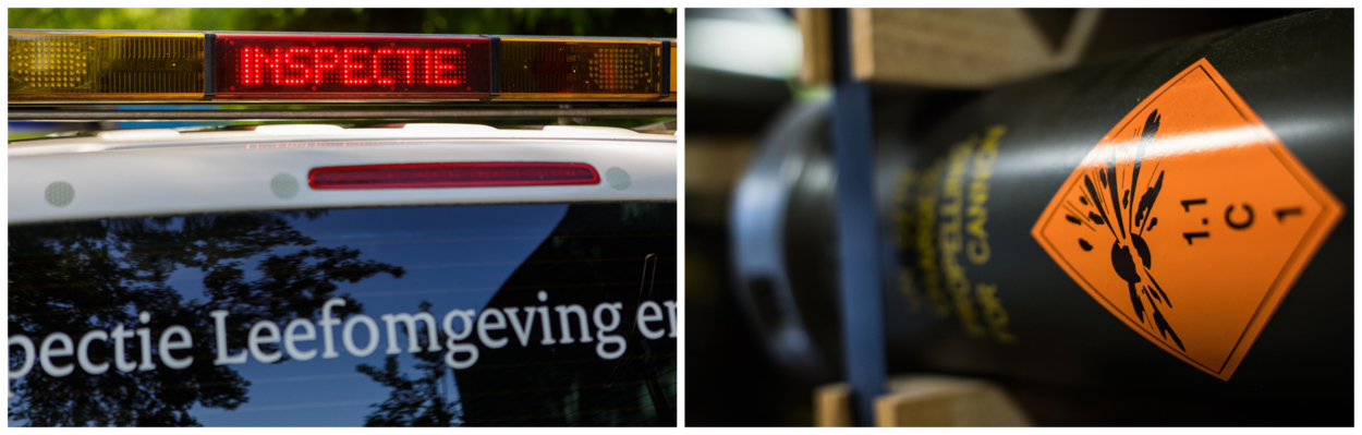 Linkerfoto close-up van een stopbord op inspectieauto van de ILT. Rechts close-up van munitie met oranje waarschuwingssticker.