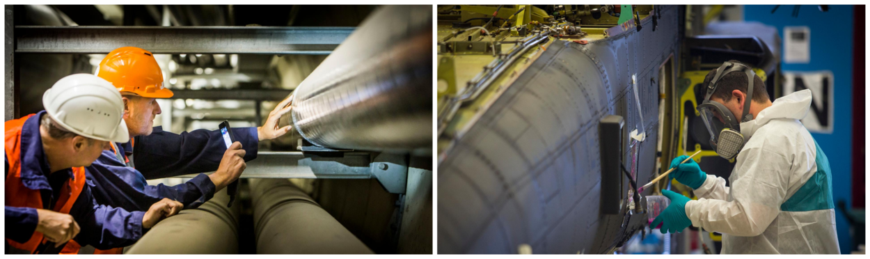 Op de linkerfoto wordt een pijpleiding geïnspecteerd. Op de rechterfoto pleegt een monteur onderhoud aan een Apache gevechtshelikopter.