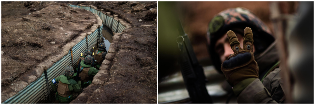 Links een foto van een groep soldaten in een loopgraaf. Rechts een soldaat houdt twee vingers omhoog tijdens een actie.