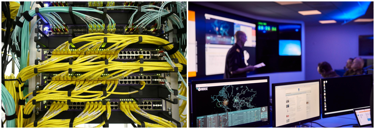 Linkerfoto gele draden aan de achterkant van een serverkast, rechts beeldschermen tijdens een overleg in een donkere ruimte.
