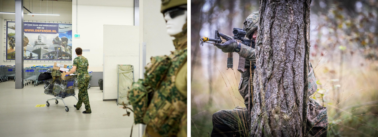 Linkerfoto; een paspop met militaire kleding aan. Rechterfoto; een militair zoekt dekking achter een boom en richt zijn geweer.