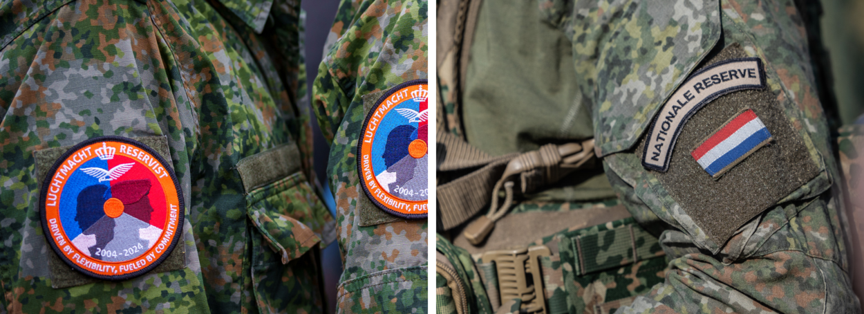 Close-ups van uniformen met patches van luchtmacht- en landmachtreservisten.