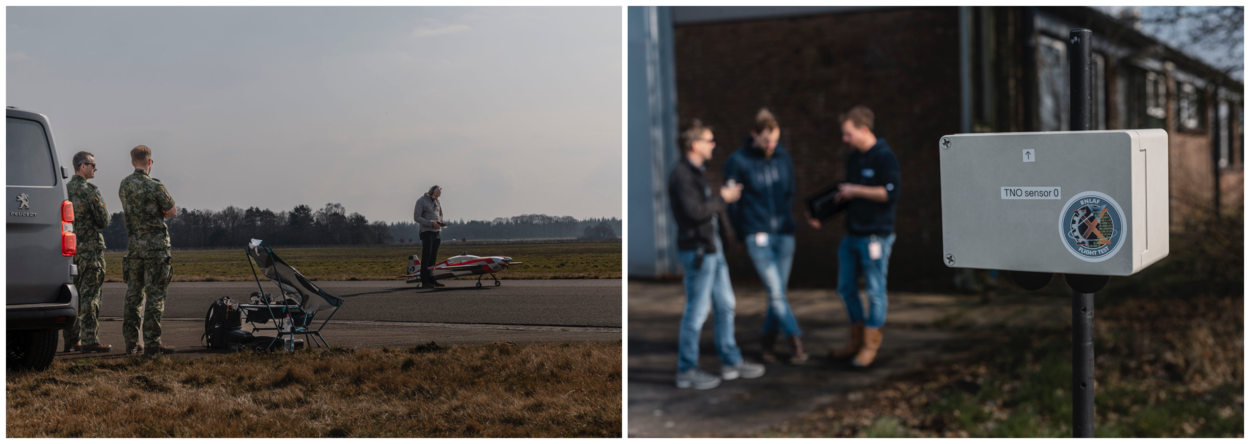 Links een foto van een meetkastje, rechts een foto van een man die werkt op een laptop.