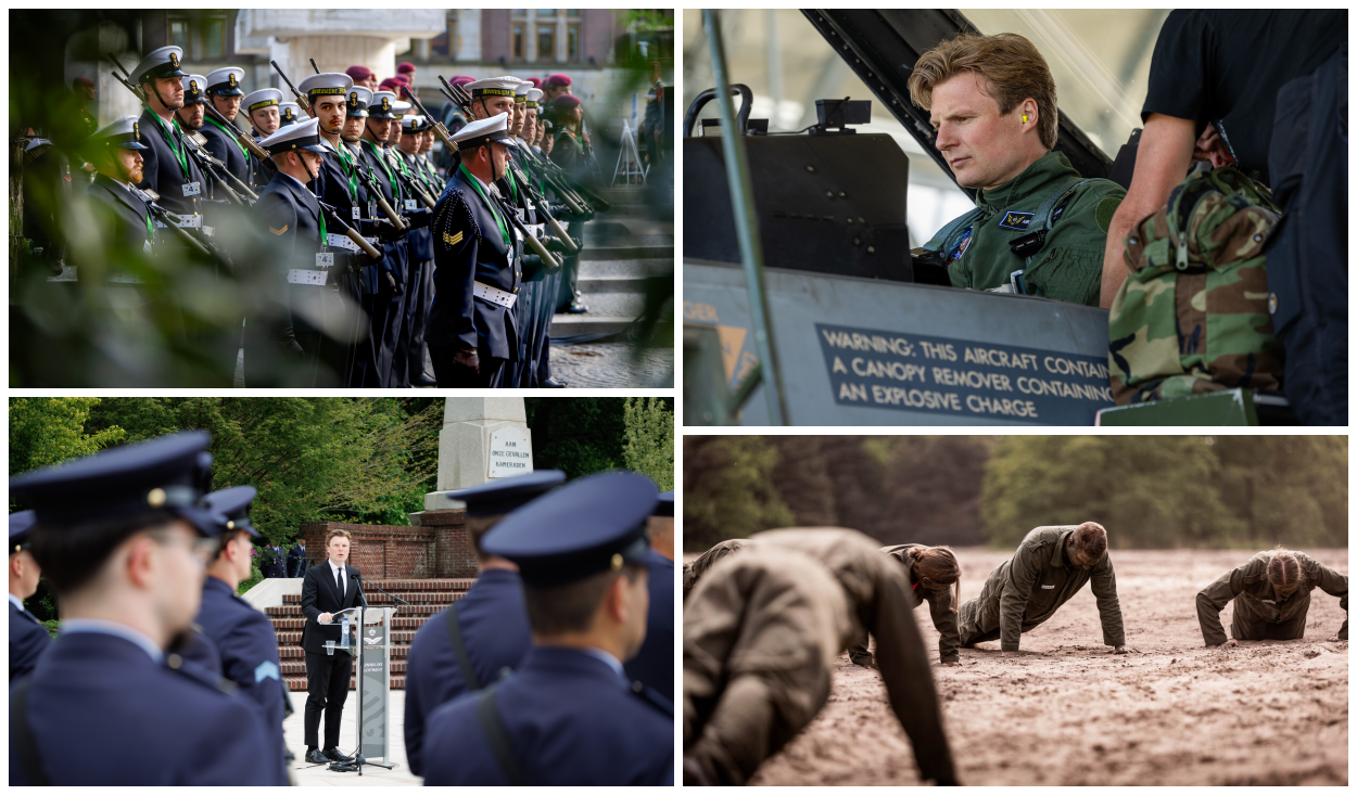 Fotocollage. Hierop onder meer Defensieminister staand achter een spreekgestoelte tijdens een herdenking op 4 mei en het orkest van de marine opgesteld tijdens de nationale herdenking op 4 mei. Een derde foto toont de Defensieminister zittend in de cockpit van een jachtvliegtuig. Ook zien we een groep militairen in een groene overall. Ze drukken zich op in het zand.