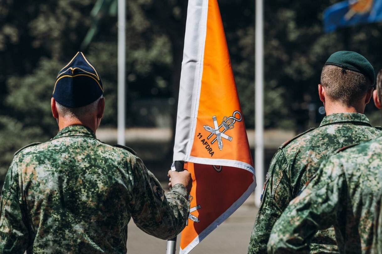 Twee militairen op de rug gezien. Zij houden een vlag vast.