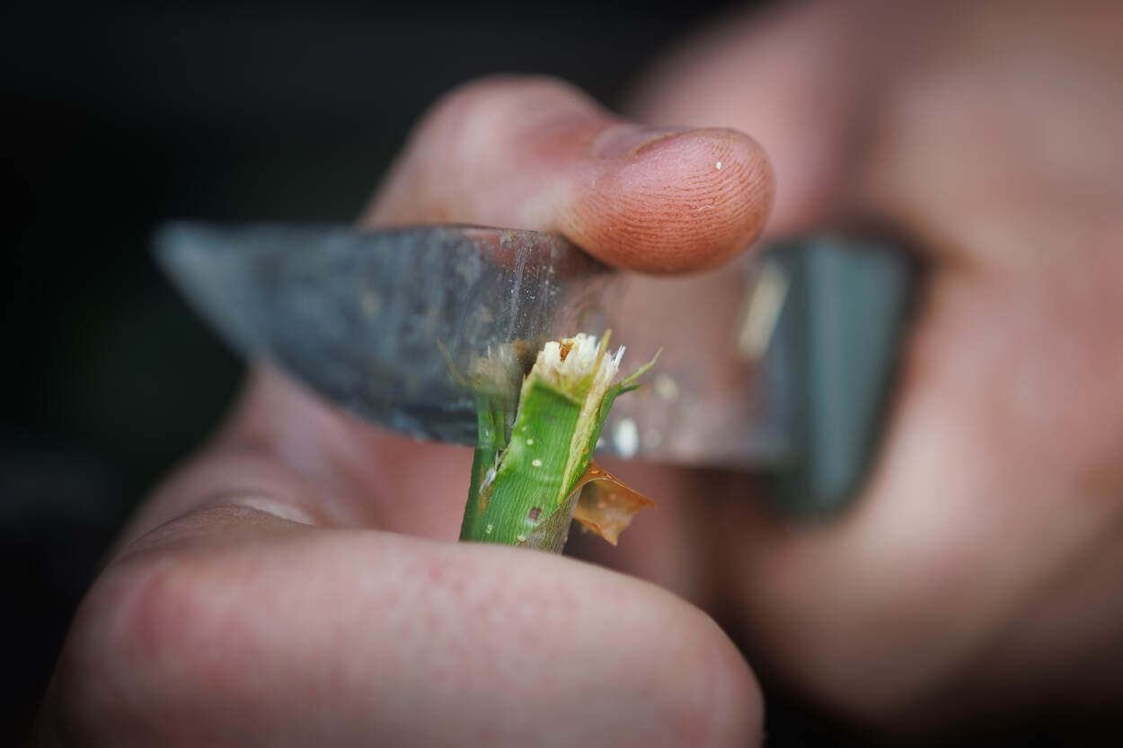 Met mes, bijl en zaag maken de verkenners vallen, onderkomens en in dit geval een hengel.