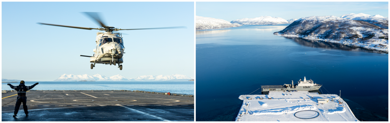 De Zr.Ms. Karel Doorman is aangemeerd bij Tromso in Noorwegen en een NH90-maritieme gevechtshelikopter staat op het punt van opstijgen.