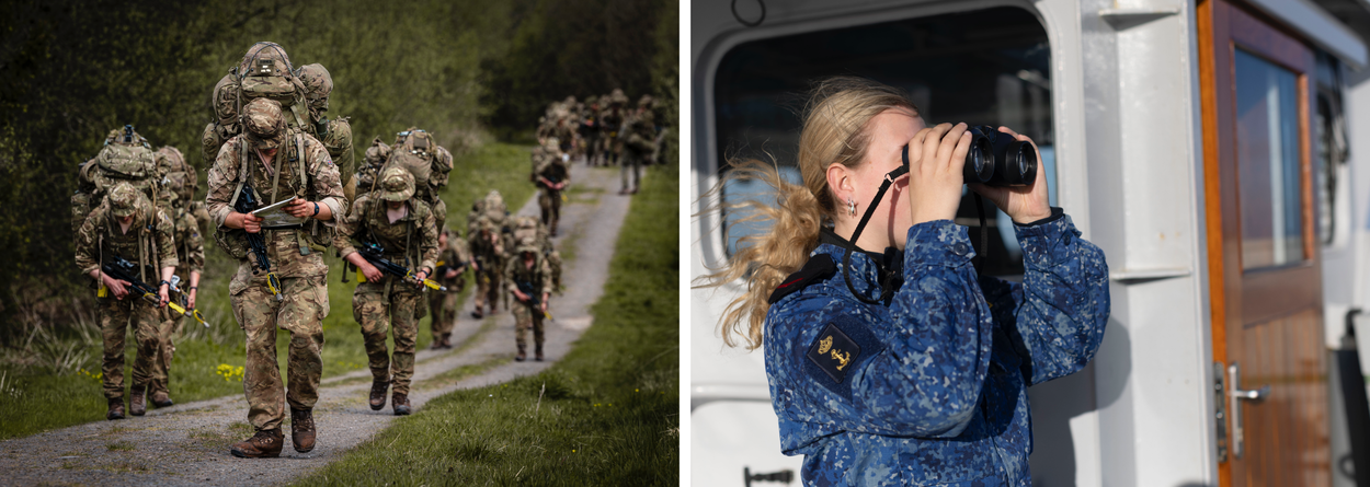 Mariniers lopen over een weg in bosrijk gebied en een marinevrouw kijkt met een verrekijker over zee.