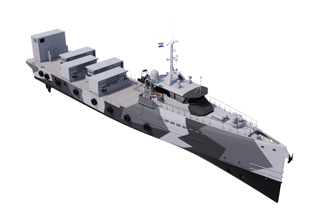 Artist impression van het nieuwe multifunctionele ondersteuningsvaartuig.