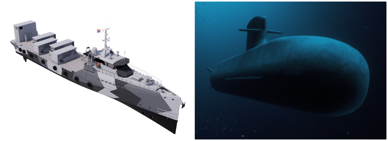 Een illustratie van de nog te bouwen onderzeeboot en een multifunctioneel ondersteuningsvaartuig.