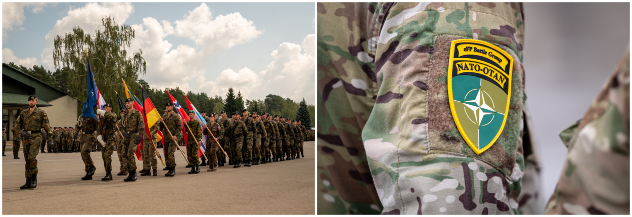 Marcherende soldaten en een mouwembleem van de eFP.