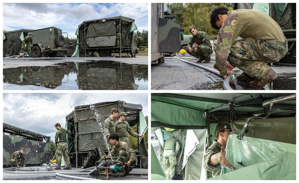 Van links naar rechts wordt een Service Support Area opgezet met douchecabines.