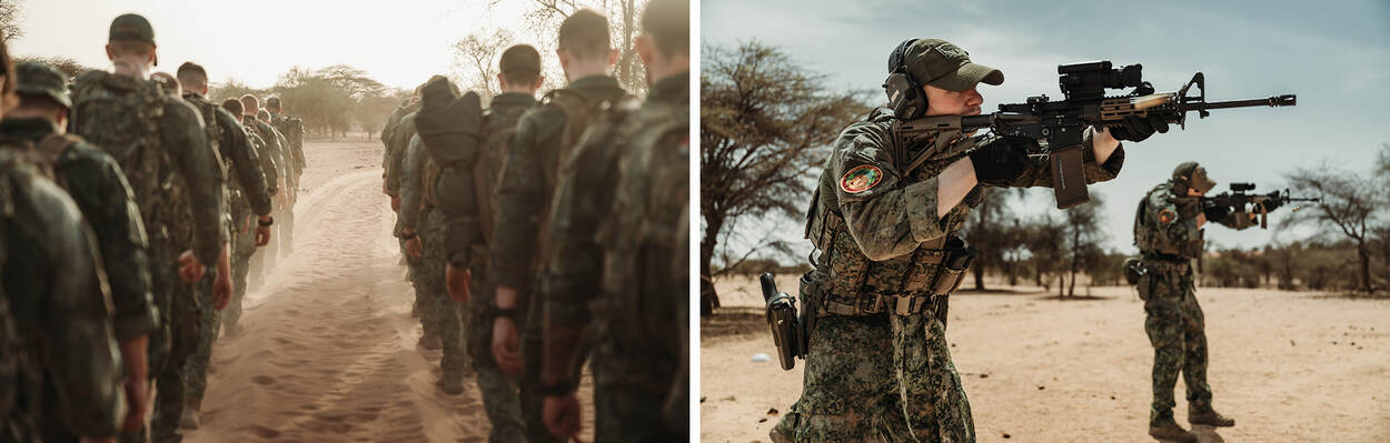 Militairen van 44 Pantserinfanteriebataljon doen schietoefeningen in de woestijn van Senegal.