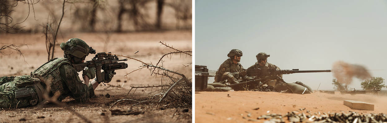 Militairen van 44 Pantserinfanteriebataljon doen schietoefeningen in de woestijn van Senegal.