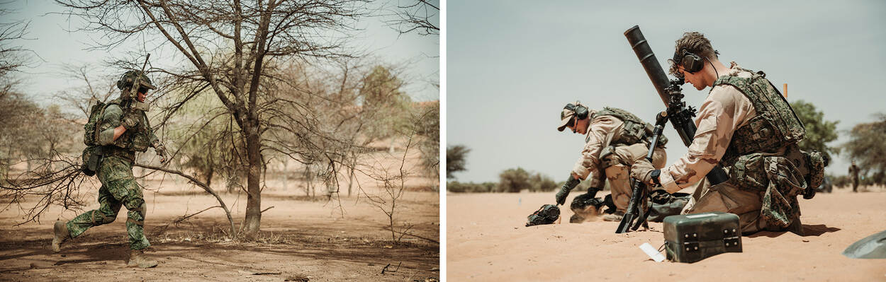 Militairen van 44 Pantserinfanteriebataljon doen schietoefeningen in de woestijn van Senegal.