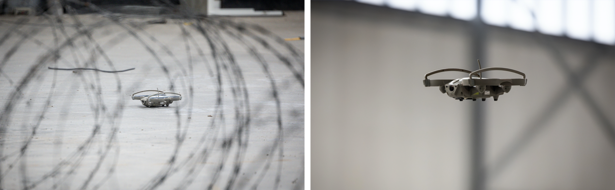 Foto van een drone op de grond achter een rol prikkeldraad. Tweede foto van een vliegende drone.