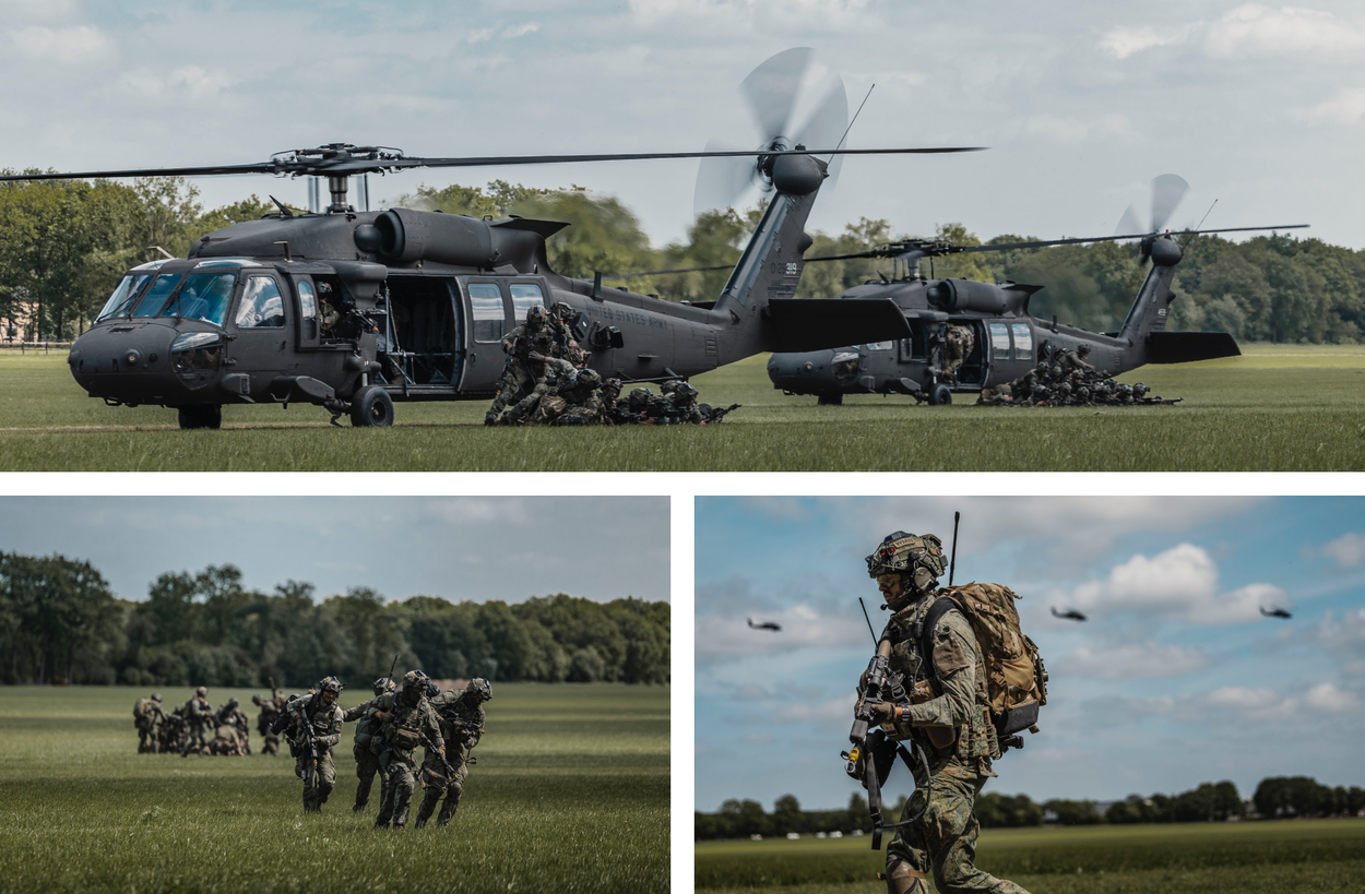 De Charliecompagnie 13 Infanteriebataljon Luchtmobiel komt met 3 Blackhawks en een Chinook aan in een veldje nabij Norg.