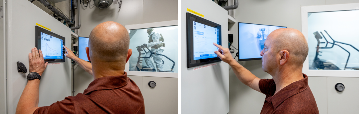 Gerard drukt op het touchscreenscherm, waarop een lijn en verschillende waardes zichtbaar zijn. Via een klein raampje in de aangrenzende klimaatkamer houdt hij militair Gijs in de gaten.