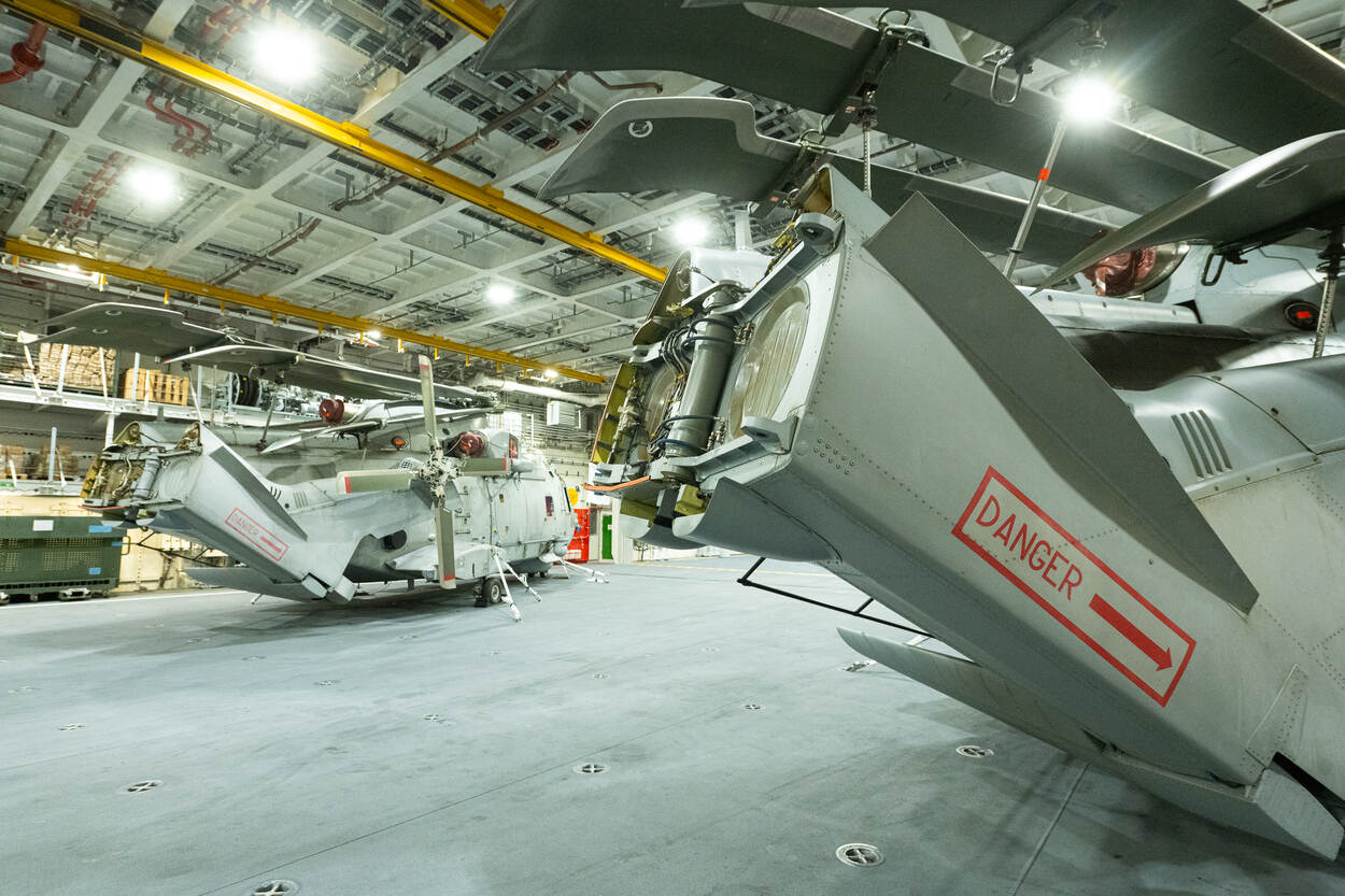 Helikopters met opgevouwen staarten en rotorbladen.