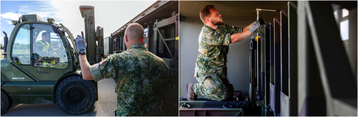 Luchtmachtpersoneel bouwt met onder andere een vorkheftruck de Patriot launchers op.