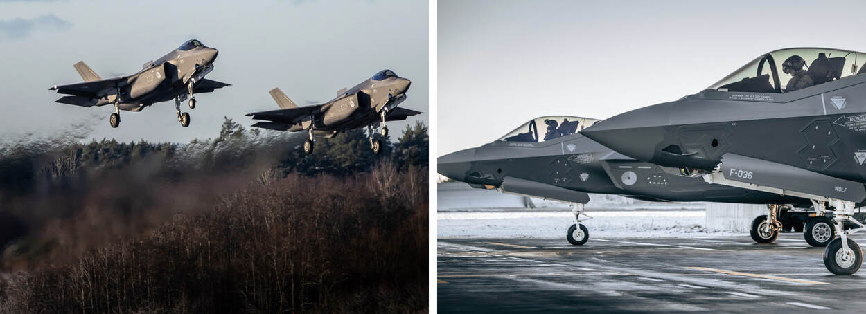 Foto links: Stilstaande F-35’s met vliegers in de cockpit. Foto rechts: Twee F-35’s vliegen net boven de boomtoppen.