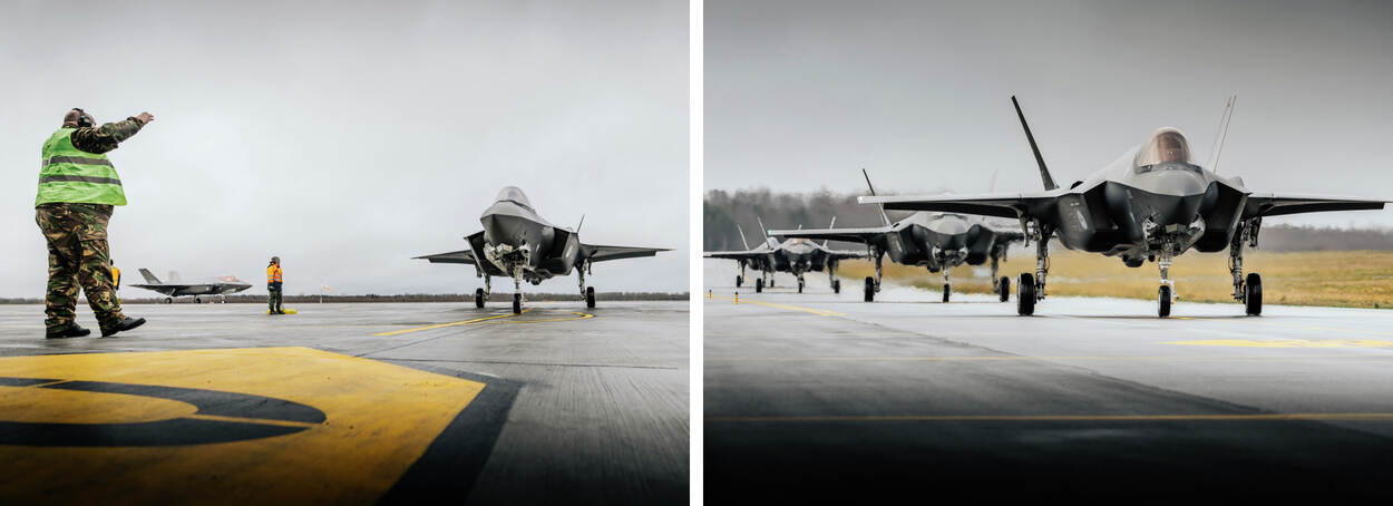 Foto links en rechts: F-35’s op de startbaan tegen een grijze wolkenlucht.