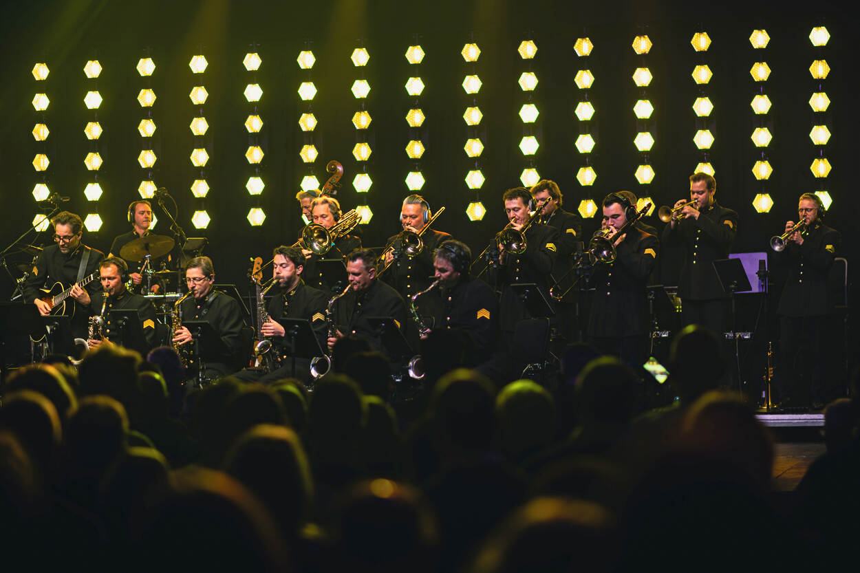 Een deel van het Orkest Koninklijke Luchtmacht met op de voorgrond publiek.