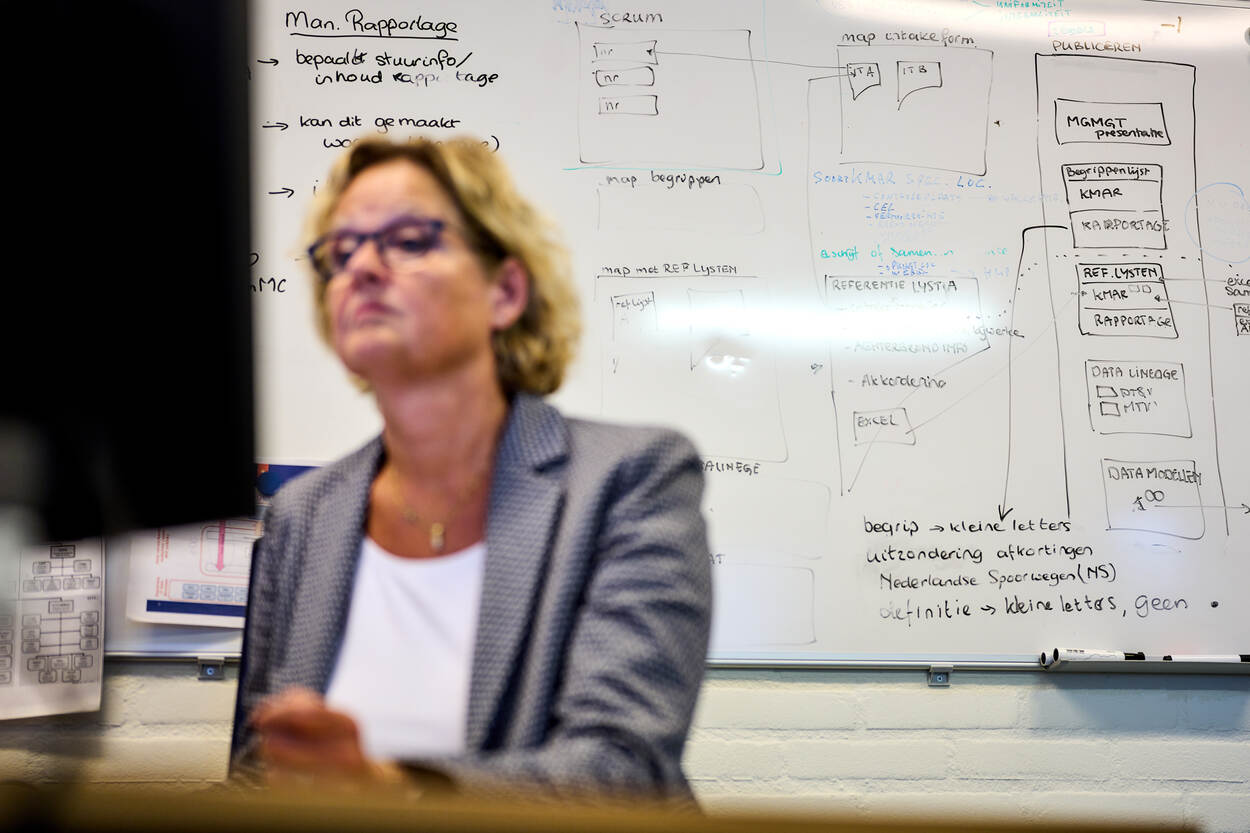 1 collega van de afdeling Metagegevens Management werkt achter haar computer.