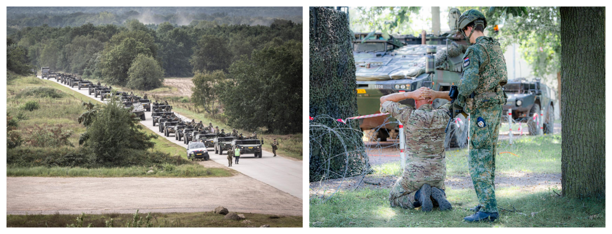 Links een foto van een colonne militaire voertuigen onder begeleiding van een Marechausseevoertuig. Rechts zit tijdens een oefening een krijgsgevangene op zijn knieën met handen op het hoofd, ernaast staat iemand van de Militaire Politie.
