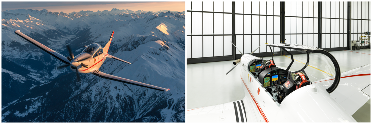 De PC-7 MKX vliegend in de lucht, daarnaast een afbeelding van de cockpit van het toestel met daarin de oplichtende schermen.