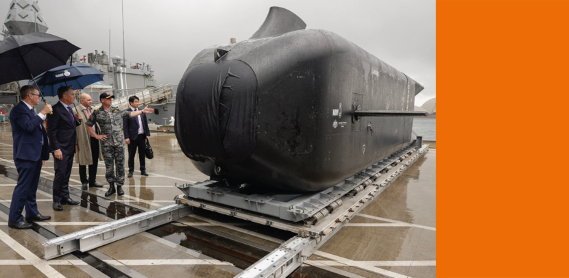 Mensen staan aan de kade en kijken naar een onderwatervaartuig.