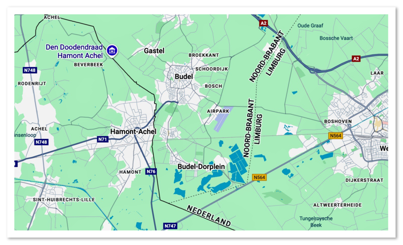 Kaart van de omgeving rondom Budel met wegen, dorpen zoals Hamont-Achel en Gastel, en een markering bij Den Doodendraad Hamont Achel.