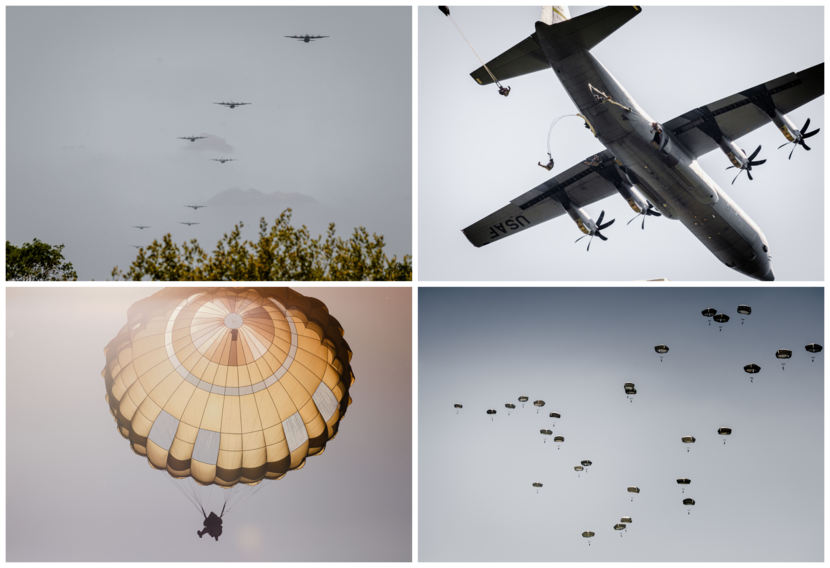 Een aantal C-130-vliegtuigen komt aanvliegen. De parachutisten springen daar vervolgens uit.