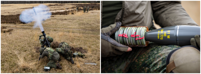 Links: militairen vuren een mortier af en rechts: een 81 millimeter mortiergranaat.