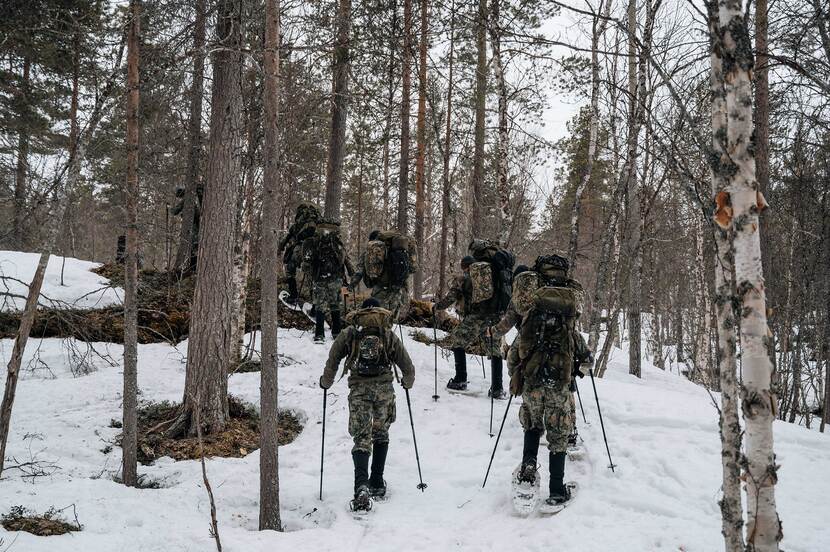 Mariniers verplaatsen zich met bepakking en laplanders onder de schoenen door een besneeuwd bos.
