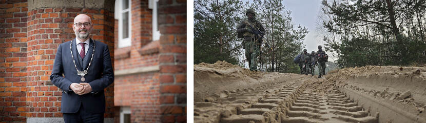 Burgemeester Martijn Vroom van Leidschendam-Voorburg is reservist geworden. Op de foto is de burgervader met ambtsketting, alsook te velde te zien.