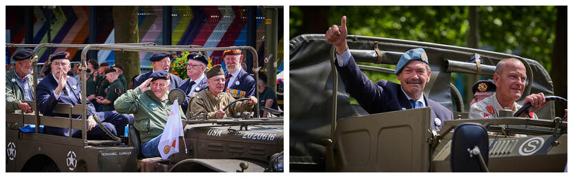 Links: een groep militairen marcheert langs onder andere Mark Rutte in het defile van Veteranendag. Rechts: een militair met een blauwe VN-baret steekt zijn duim omhoog, zittend in een rijdend militair voertuig.