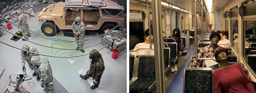 CBRN-specialisten aan het werk en zogenaamde slachtoffers in het OV.