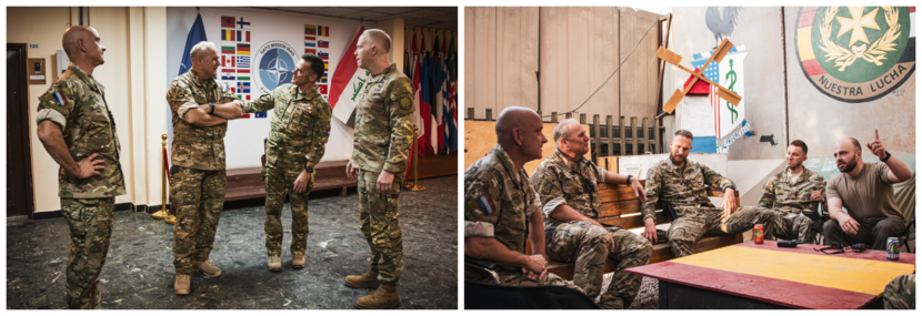 Foto links: Steur, Eichelsheim, Schreurs en een Amerikaanse collega ontmoeten elkaar. Foto rechts: generaals Steur en Eichelsheim in gesprek met uitgezonden personeel.