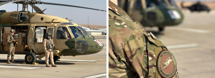 Links: Een Jordaanse helikopter met hulpgoederen wordt door militairen bewaakt. Rechts: Een Nederlandse militair schuin van achteren gezien met op zijn schouder een badge van 300 Squadron.