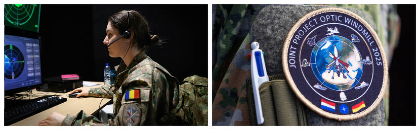 Een Roemeense militair zit achter een computer, waarop een radar te zien is. Rechts: Het embleem van JPOW op de mouw van een militair.