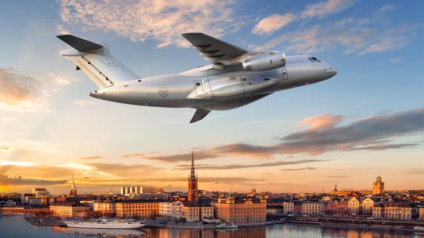 Artists impression van een Zweedse Embraer C-390M boven Stockholm.