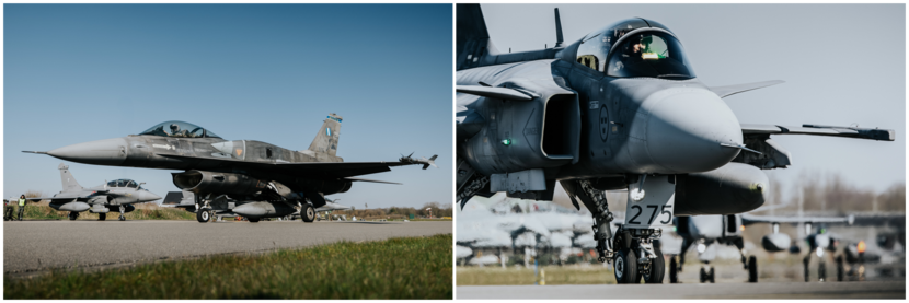 Links taxiet een F-16 voor een rij Rafales. Rechts: De neus van een Gripen groot in beeld.
