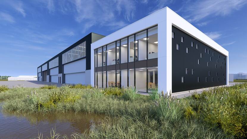 Artist impression van een hangaar met vier docks met daaraan vast een kantorengebouw.