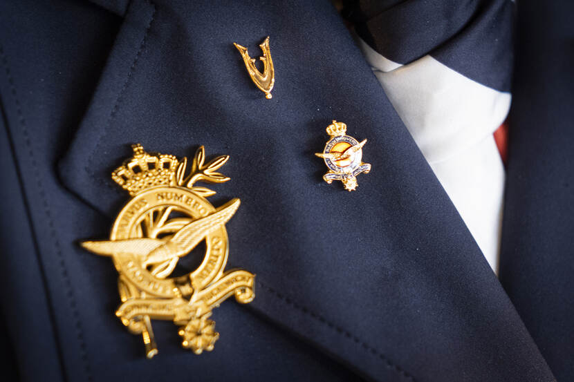 Luchtmacht- en veteranenspelden op een revers.